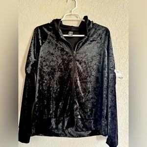 “NWT” Light Velvet Black hooded jacket, Medium size.